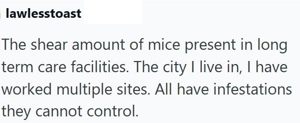 lawlesstoast The shear amount of mice present in long term care facilities. The city I live in, I have worked multiple sites. All have infestations they cannot control.