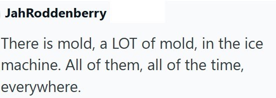 JahRoddenberry There is mold, a LOT of mold, in the ice machine. All of them, all of the time, everywhere.