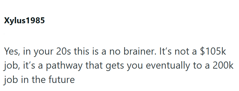 Xylus 1985 Yes, in your 20s this is a no brainer. It's not a $105k job, it's a pathway that gets you eventually to a 200k job in the future