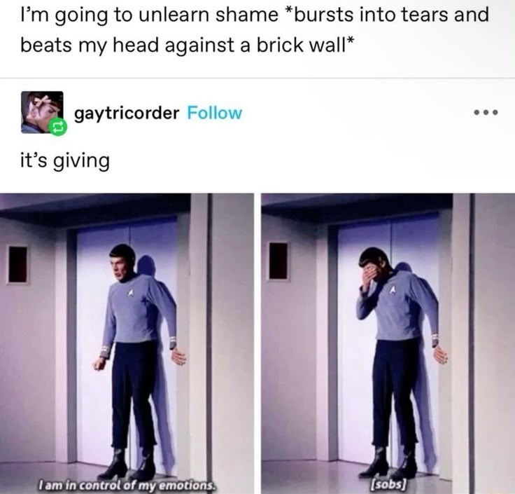 I'm going to unlearn shame *bursts into tears and beats my head against a brick wall* gaytricorder Follow it's giving I am in control of my emotions [sobs]