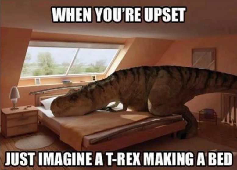 WHEN YOU'RE UPSET JUST IMAGINE A T-REX MAKING A BED