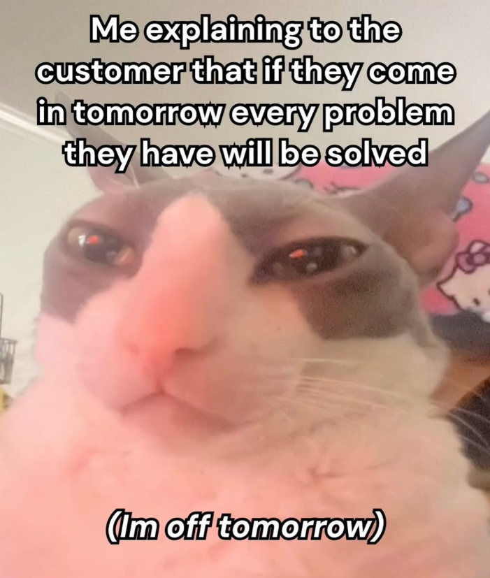 Me explaining to the customer that if they come in tomorrow every problem they have will be solved (Im off tomorrow)