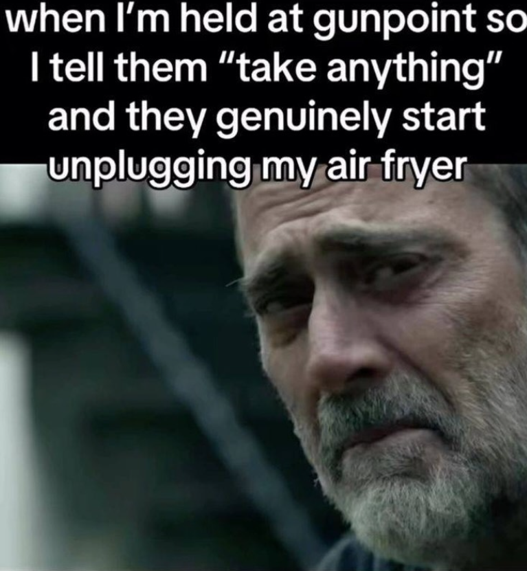 when I'm held at gunpoint so I tell them "take anything" and they genuinely start unplugging my air fryer