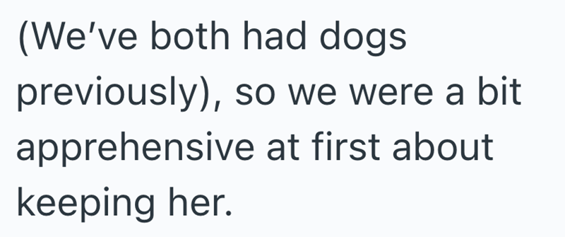 (We've both had dogs previously), so we were a bit apprehensive at first about keeping her.