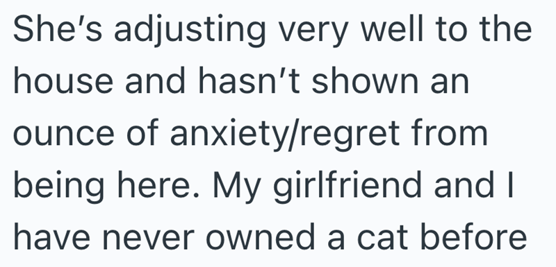 She's adjusting very well to the house and hasn't shown an ounce of anxiety/regret from being here. My girlfriend and I have never owned a cat before