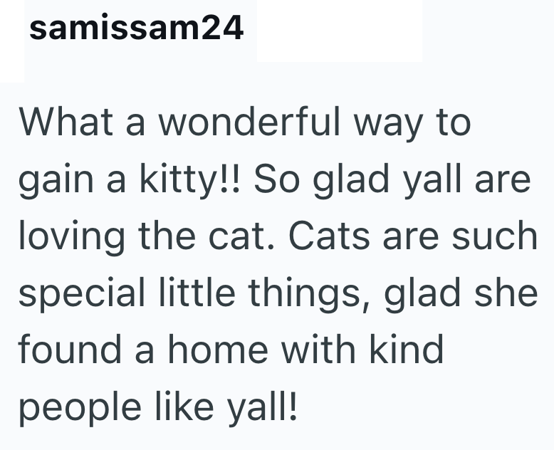 samissam24 What a wonderful way to gain a kitty!! So glad yall are loving the cat. Cats are such special little things, glad she found a home with kind people like yall!