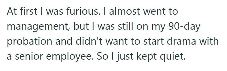 At first I was furious. I almost went to management, but I was still on my 90-day probation and didn't want to start drama with a senior employee. So I just kept quiet.
