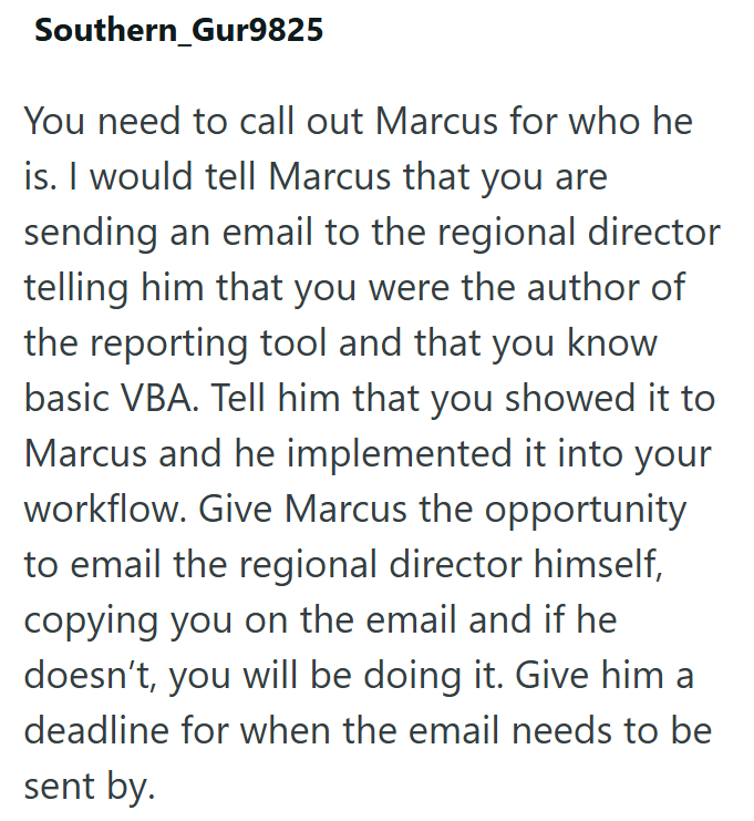 Southern Gur9825 You need to call out Marcus for who he is. I would tell Marcus that you are sending an email to the regional director telling him that you were the author of the reporting tool and that you know basic VBA. Tell him that you showed it to Marcus and he implemented it into your workflow. Give Marcus the opportunity to email the regional director himself, copying you on the email and if he doesn't, you will be doing it. Give him a deadline for when the email needs to be sent by.
