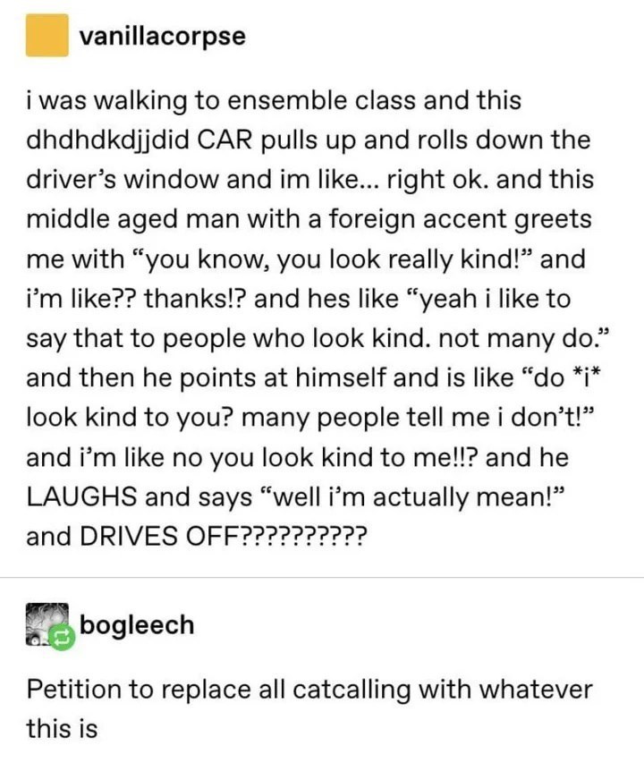 vanillacorpse i was walking to ensemble class and this dhdhdkdjjdid CAR pulls up and rolls down the driver's window and im like... right ok. and this middle aged man with a foreign accent greets me with "you know, you look really kind!" and i'm like?? thanks!? and hes like "yeah i like to say that to people who look kind. not many do." and then he points at himself and is like "do *i* look kind to you? many people tell me i don't!" and i'm like no you look kind to me!!? and he LAUGHS and says "w
