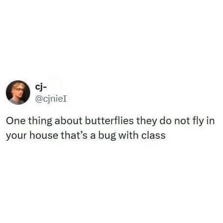 cj- @cjnieI One thing about butterflies they do not fly in your house that's a bug with class