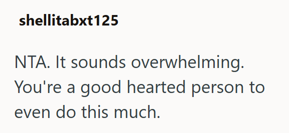 shellitabxt125 NTA. It sounds overwhelming. You're a good hearted person to even do this much.
