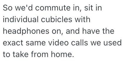 So we'd commute in, sit in individual cubicles with headphones on, and have the exact same video calls we used to take from home.
