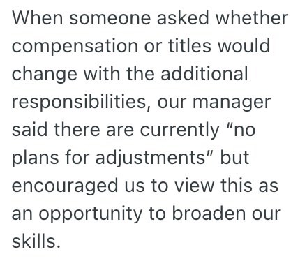 When someone asked whether compensation or titles would change with the additional responsibilities, our manager said there are currently "no plans for adjustments" but encouraged us to view this as an opportunity to broaden our skills.