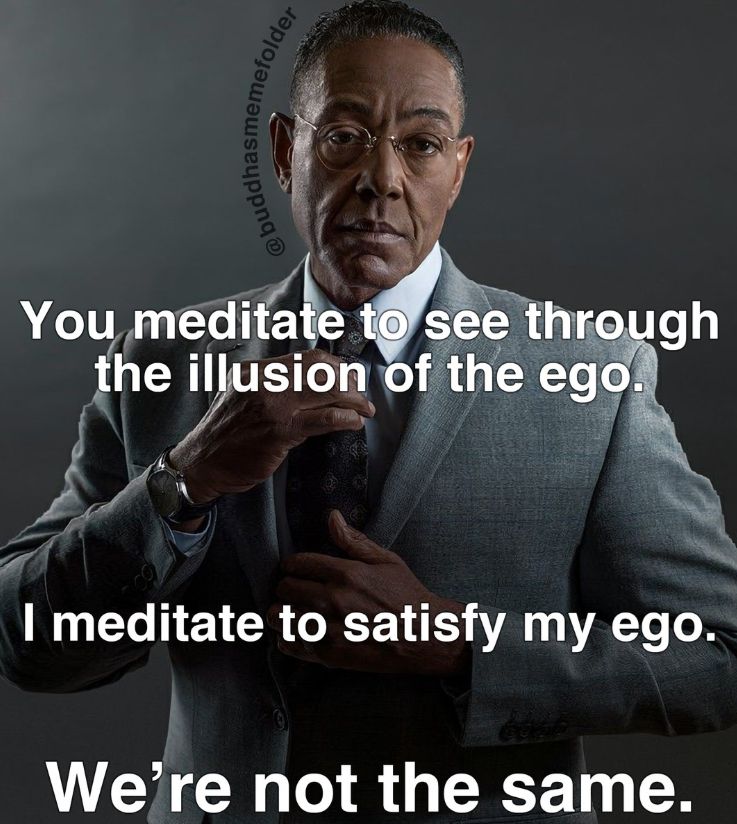 @buddhasmemefolder You meditate to see through the illusion of the ego. I meditate to satisfy my ego. We're not the same.