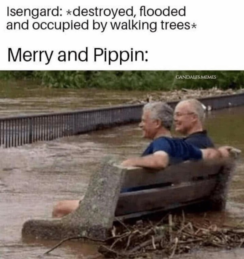 Isengard: *destroyed, flooded and occupied by walking trees* Merry and Pippin: GANDALFS.MEMES