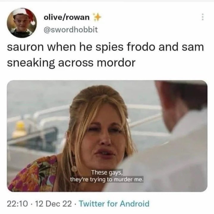 olive/rowan @swordhobbit sauron when he spies frodo and sam sneaking across mordor These gays, they're trying to murder me. 22:10 12 Dec 22 Twitter for Android