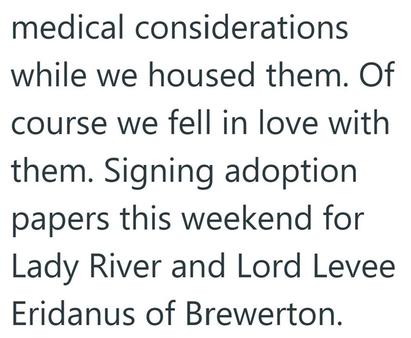medical considerations while we housed them. Of course we fell in love with them. Signing adoption papers this weekend for Lady River and Lord Levee Eridanus of Brewerton.