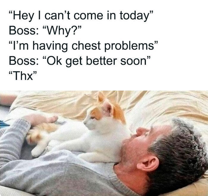 "Hey I can't come in today" Boss: "Why?" "I'm having chest problems" Boss: "Ok get better soon" "Thx"