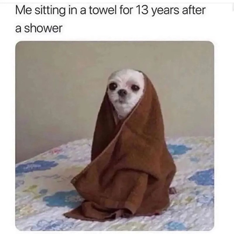 Me sitting in a towel for 13 years after a shower