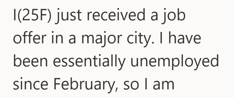 I(25F) just received a job offer in a major city. I have been essentially unemployed since February, so I am