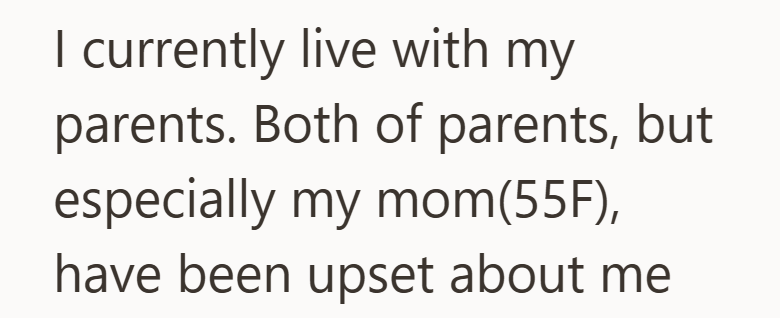 I currently live with my parents. Both of parents, but especially my mom(55F), have been upset about me