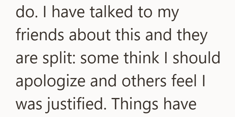 do. I have talked to my friends about this and they are split: some think I should apologize and others feel I was justified. Things have