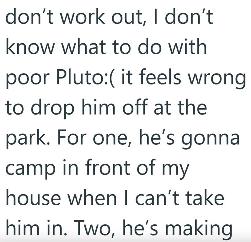 don't work out, I don't know what to do with poor Pluto:( it feels wrong to drop him off at the park. For one, he's gonna camp in front of my house when I can't take him in. Two, he's making