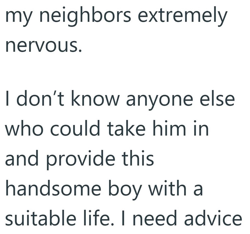 my neighbors extremely nervous. I don't know anyone else who could take him in and provide this handsome boy with a suitable life. I need advice