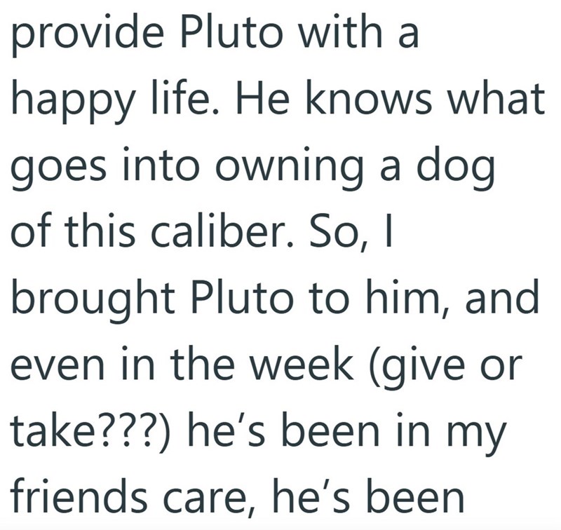 provide Pluto with a happy life. He knows what goes into owning a dog of this caliber. So, I brought Pluto to him, and even in the week (give or take???) he's been in my friends care, he's been