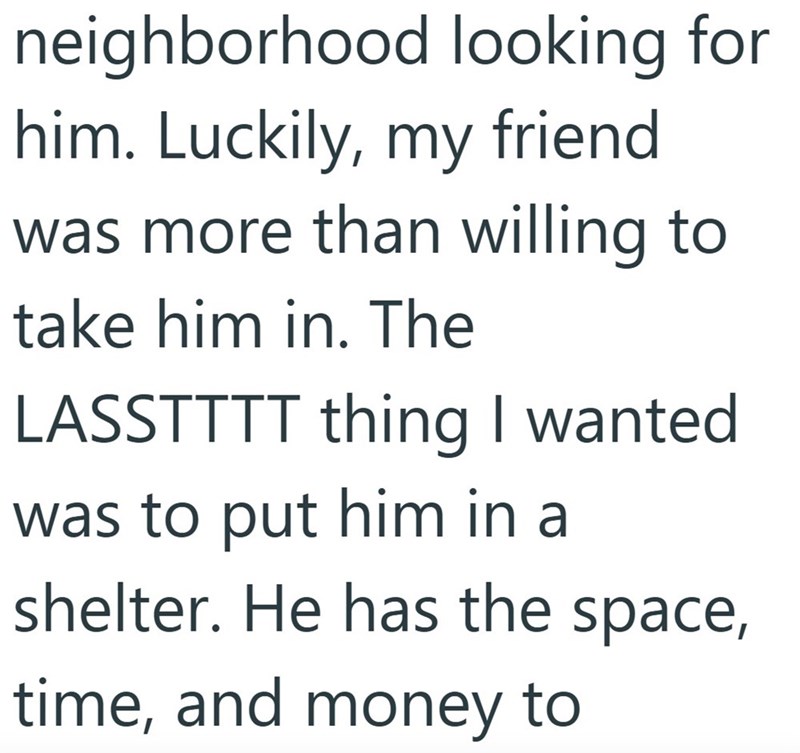 neighborhood looking for him. Luckily, my friend was more than willing to take him in. The LASSTTTT thing I wanted was to put him in a shelter. He has the space, time, and money to