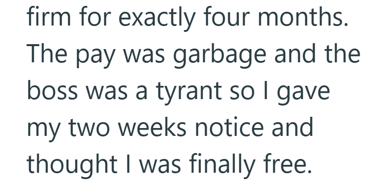 firm for exactly four months. The pay was garbage and the boss was a tyrant so I gave my two weeks notice and thought I was finally free.
