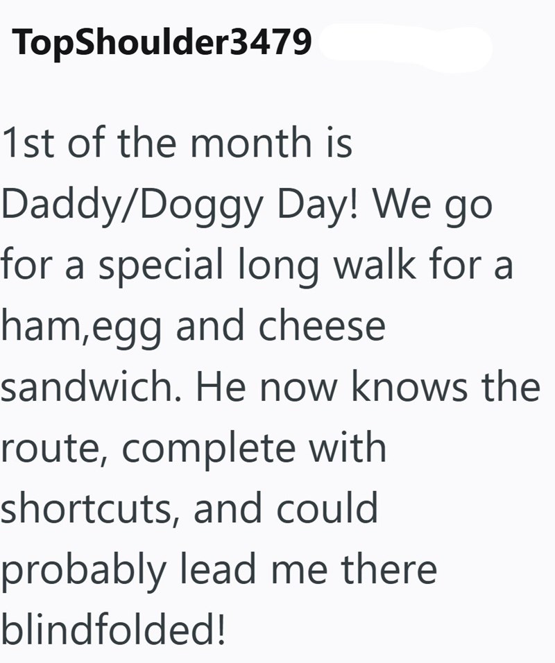 TopShoulder3479 1st of the month is Daddy/Doggy Day! We go for a special long walk for a ham,egg and cheese sandwich. He now knows the route, complete with shortcuts, and could probably lead me there blindfolded!