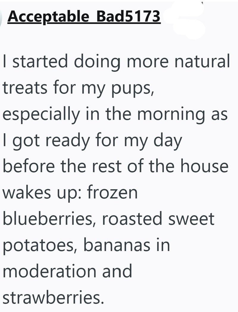 Acceptable Bad5173 I started doing more natural treats for my pups, especially in the morning as I got ready for my day before the rest of the house wakes up: frozen blueberries, roasted sweet potatoes, bananas in moderation and strawberries.