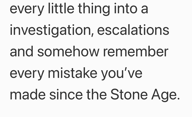every little thing into a investigation, escalations and somehow remember every mistake you've made since the Stone Age.