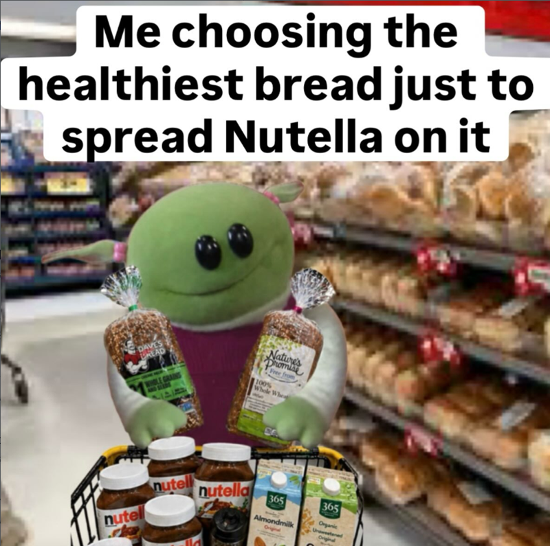 Me choosing the healthiest bread just to spread Nutella on it DAVES READ Promise Free from 100% Whole Wheat nutell nutella 365 365 nutel Almondmilk Original Organic Original