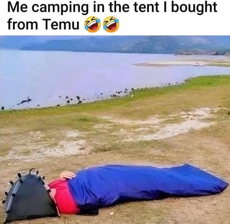 Me camping in the tent I bought from Temu