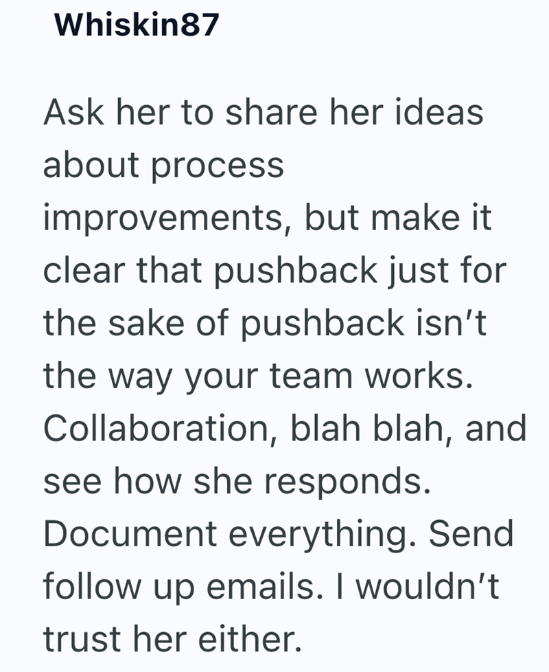Whiskin87 Ask her to share her ideas about process improvements, but make it clear that pushback just for the sake of pushback isn't the way your team works. Collaboration, blah blah, and see how she responds. Document everything. Send follow up emails. I wouldn't trust her either.