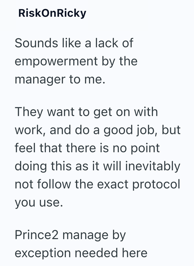 RiskOnRicky Sounds like a lack of empowerment by the manager to me. They want to get on with work, and do a good job, but feel that there is no point doing this as it will inevitably not follow the exact protocol you use. Prince2 manage by exception needed here