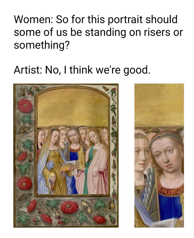 Women: So for this portrait should some of us be standing on risers or something? Artist: No, I think we're good. FORUSKO