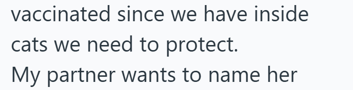 vaccinated since we have inside cats we need to protect. My partner wants to name her
