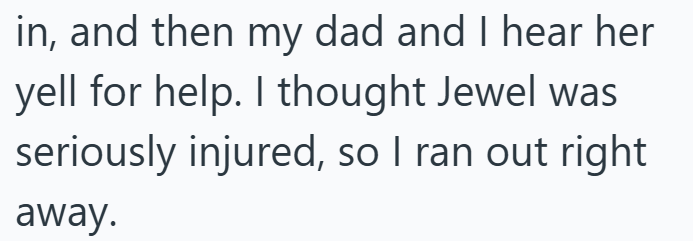 in, and then my dad and I hear her yell for help. I thought Jewel was seriously injured, so I ran out right away.