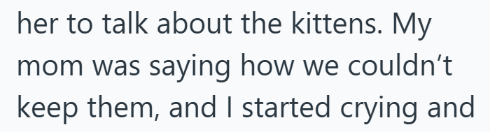 her to talk about the kittens. My mom was saying how we couldn't keep them, and I started crying and
