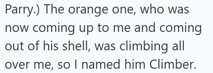 Parry.) The orange one, who was now coming up to me and coming out of his shell, was climbing all over me, so I named him Climber.
