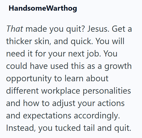 HandsomeWarthog That made you quit? Jesus. Get a thicker skin, and quick. You will need it for your next job. You could have used this as a growth opportunity to learn about different workplace personalities and how to adjust your actions and expectations accordingly. Instead, you tucked tail and quit.