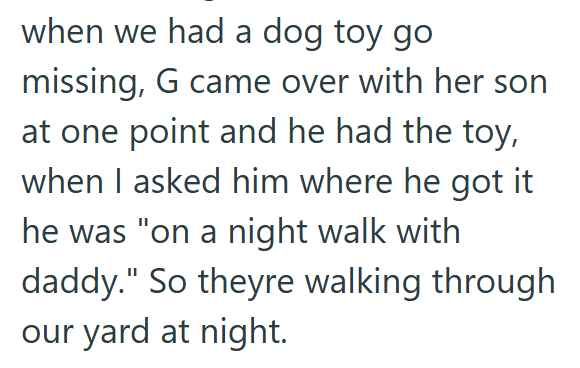 when we had a dog toy go missing, G came over with her son at one point and he had the toy, when I asked him where he got it he was "on a night walk with daddy." So theyre walking through our yard at night.