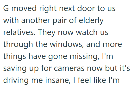 G moved right next door to us with another pair of elderly relatives. They now watch us through the windows, and more things have gone missing, I'm saving up for cameras now but it's driving me insane, I feel like I'm