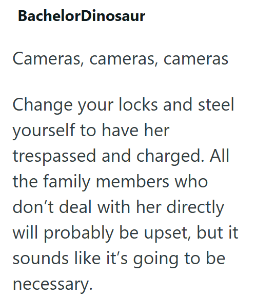 BachelorDinosaur Cameras, cameras, cameras Change your locks and steel yourself to have her trespassed and charged. All the family members who don't deal with her directly will probably be upset, but it sounds like it's going to be necessary.