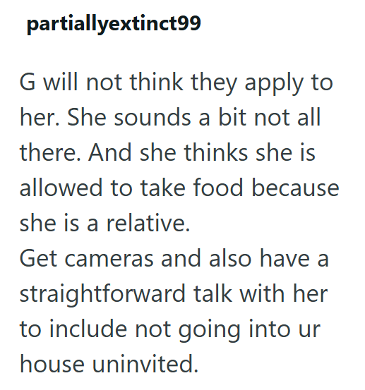 partiallyextinct99 G will not think they apply to her. She sounds a bit not all there. And she thinks she is allowed to take food because she is a relative. Get cameras and also have a straightforward talk with her to include not going into ur house uninvited.