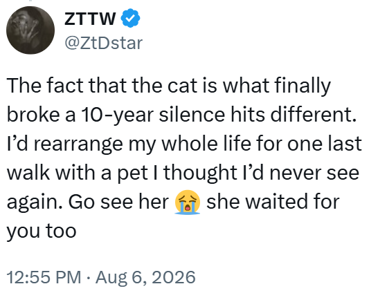 ZTTW @ZtDstar The fact that the cat is what finally broke a 10-year silence hits different. I'd rearrange my whole life for one last walk with a pet I thought I'd never see again. Go see her she waited for you too 12:55 PM ⚫ Aug 6, 2026