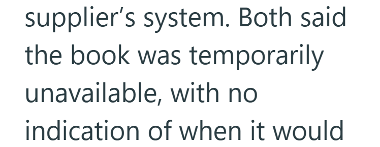 supplier's system. Both said the book was temporarily unavailable, with no indication of when it would